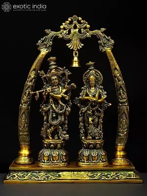19" Radha Krishna with Tusk Stand | Brass Statue