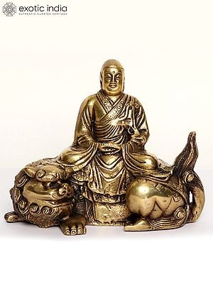9" Meditating Buddha Statue Seated on Lion | Brass Sculpture