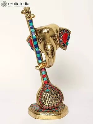 12" Lord Ganesha Head with Vina Brass Sculpture with Inlay Work