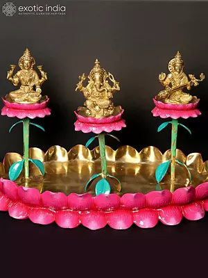 20" Lakshmi Ganesha Saraswati on Lotus Base | Sacred Home Statue