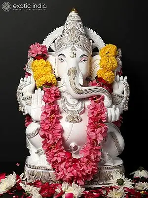 19" Brass Blessing Lord Ganesha Statue in White | Hand Painted