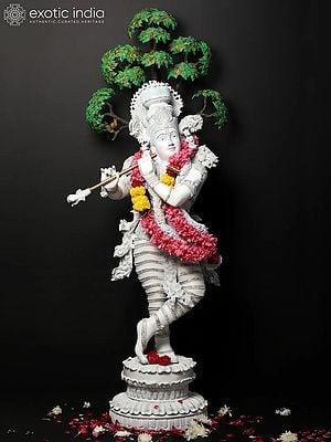 58" Superfine Lord Krishna Playing Bansuri (Flute) | Brass Statue Hand Painted