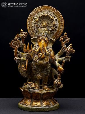 11" Ashtabhuja Simha Ganesha Statue with Serpents Aureole