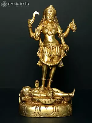 11" Brass Goddess Kali Statue Standing atop Lord Shiva