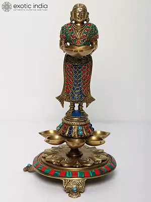 11" Brass Deeplakshmi with Inlay Work