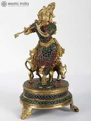 11" Brass Lord Krishna Playing Flute with Cow | with Inlay Work