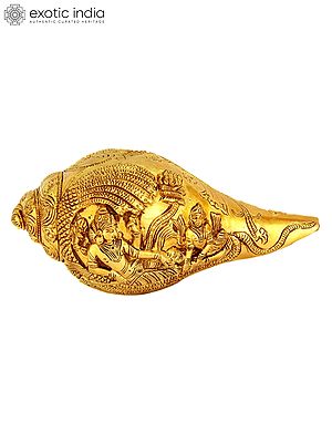 8" Conch with Lord Vishnu and Lakshmi Ji in Brass | Handmade | Made in India