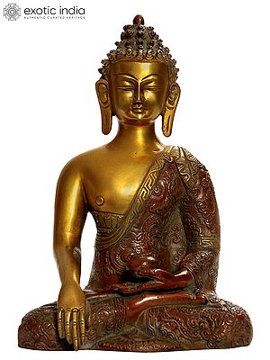 9" Bhumisparsha Buddha (Robes Decorated with Auspicious Symbols) In Brass