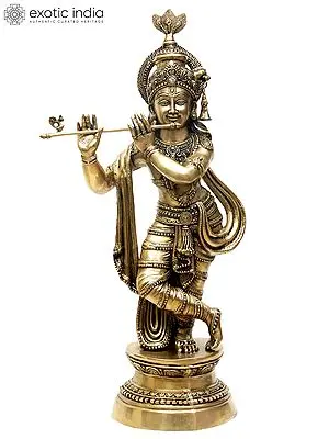 36" Handmade Large Brass Fluting Krishna Statue - Authentic Indian Craftsmanship