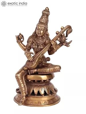 12" Goddess Saraswati Statue Playing Veena in Brass | Handmade | Made in India