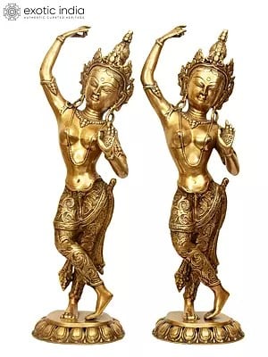 20" Tibetan Buddhist Mayadevi - Mother of Shakyamuni Buddha (Pair of Two Symmetrical Statues) in Brass | Handmade