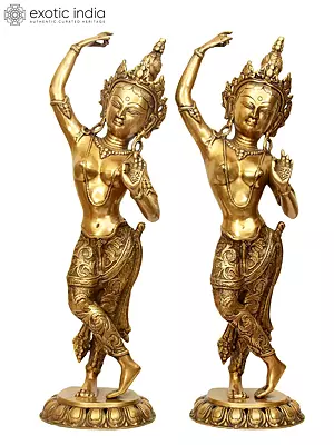 20" Tibetan Buddhist Mayadevi - Mother of Shakyamuni Buddha (Pair of Two Symmetrical Statues) in Brass | Handmade