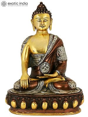 14" Seated Buddha in Bhumisparsha Mudra (Robes Engraved with Auspicious Symbols) In Brass | Handmade | Made In India