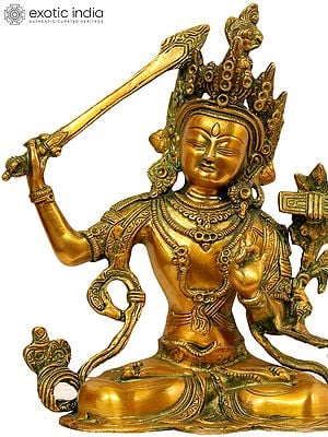 10" Tibetan Buddhist Deity Manjushri - Bodhisattva of Transcendent Wisdom In Brass | Handmade | Made In India