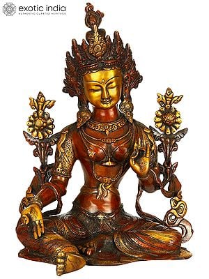 15" Tibetan Buddhist Saviour Goddess Green Tara In Brass | Handmade | Made In India