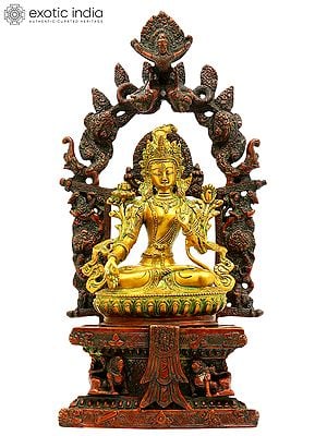 16" Tibetan Buddhist Goddess White Tara Seated on Six-Ornament Throne of Enlightenment In Brass | Handmade | Made In India