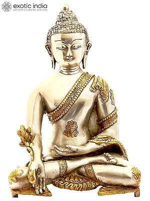 11" (Tibetan Buddhist Deity) The Medicine Buddha in Silver Hue with Golden Border Garment In Brass | Handmade | Made In India