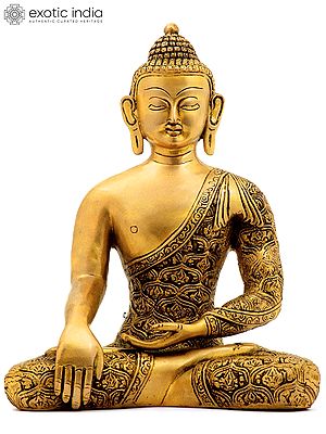 11" Lord Buddha in Bhumisparsha Mudra (Robes Decorated with Dorje) In Brass