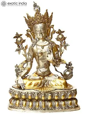 33" Large Goddess White Tara Statue (Tibetan Buddhist Deity) in Brass