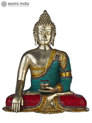 17" Lord Buddha in Bhumisparsha Mudra In Silver Hue In Brass | Handmade | Made In India