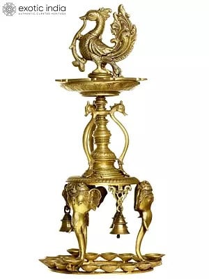 24" Peacock Lamp and Bells Supported by Elephant Heads with a Series of Puja Diyas In Brass | Handmade | Made In India