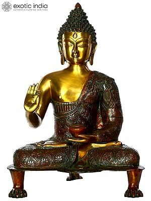 20" Lord Buddha Preaching His Law of Dharma (Robes Decorated with Flowers) In Brass | Handmade | Made In India