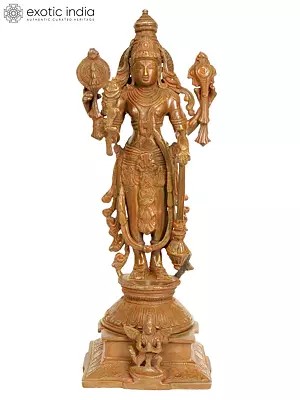 15" Four-Armed Standing Vishnu Brass Sculpture | Handmade | Made in India