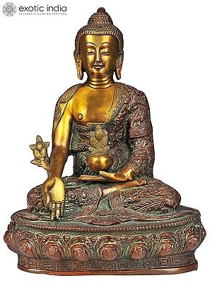 10" Tibetan Buddhist Deity- The Medicine Buddha (Robes Decorated with Birds, Animals and Auspicious Symbols) In Brass | Handmade | Made In India