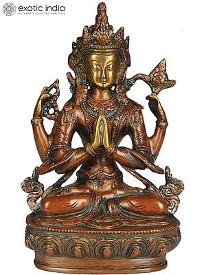 8" Tibetan Buddhist Deity Four Armed Avalokiteshvara | Handmade Brass Sculpture