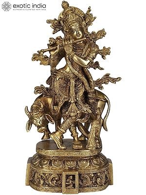 12" Venugopala Brass Statue | Fluting Krishna Idol with His Cow | Made in India