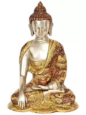 8" Lord Buddha in Bhumisparsha Mudra with Pindapatra (Robes Decorated with Auspicious Symbols) | Handmade Brass Statue