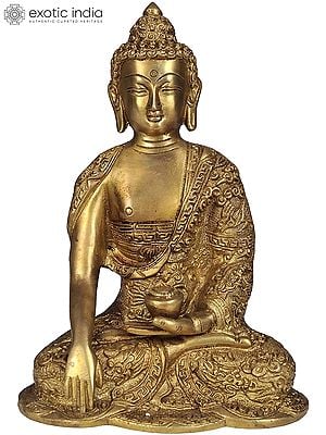 8" Lord Buddha in Bhumisparsha Mudra with Pindapatra (Robes Decorated with Auspicious Symbols) | Handmade Brass Statue