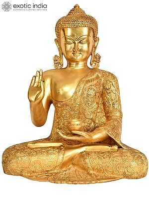 17" Tibetan Buddhist Deity Preaching Buddha with Superfine Carbed Robe In Brass | Handmade | Made In India