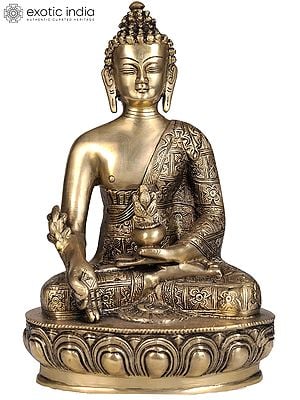 11" Tibetan Buddhist God Bhaishajyaguru Statue - Medicine Buddha Brass Idol | Handmade