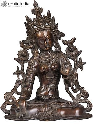 10" Buddhist Goddess White Tara Idol in Brown Hue | Handmade Brass Statue | Made in India