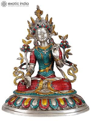 18" Tibetan Buddhist Deity- Goddess White Tara (In Silver Hue with Fine Inlay work)