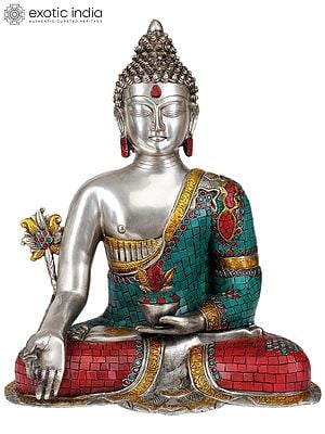 17" Tibetan Buddhist God Medicine Buddha -The Unfailing Healer of the Ills of Samsara (In Silver Hue with Fine Inlay Work) In Brass