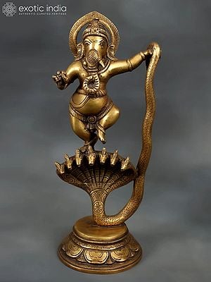 11" Brass Lord Ganesha Statue Dancing on Sheshnaag | Handmade | Made in India