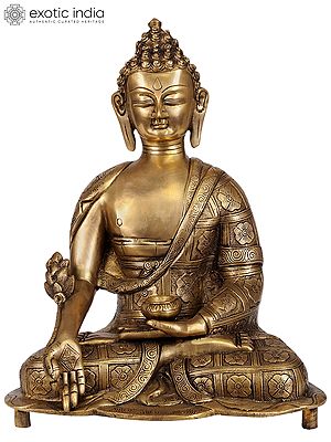 14" Tibetan Buddhist Deity-The Medicine Buddha (Robes Decorated with Lotus Flowers) In Brass