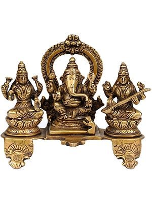 5" Ganesha-Lakshmi-Sarasvati Triad of Prosperity | Handmade Brass Statue | Made in India