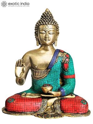 15" Preaching Buddha (with Fine Inlay Work) In Brass | Handmade | Made In India