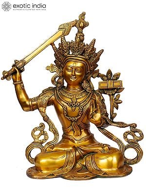 16" Manjushri - Bodhisattva of Transcendent Wisdom (Tibetan Buddhist Deity) In Brass | Handmade | Made In India