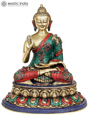 13" Lord Buddha Granting Abhaya (with Inlay Work) In Brass | Handmade | Made In India