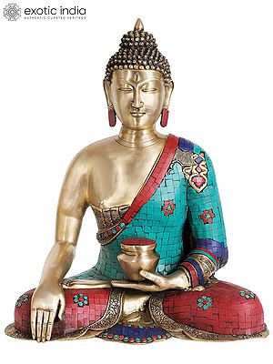 24" Lord Buddha in Bhumisparsha Mudra (In Silver Hue with Inlay Work) In Brass | Handmade | Made In India