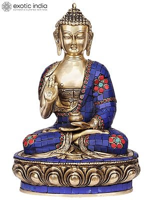 12" Lord Buddha Interpreting His Dharma Wearing Blue Inlay Robes In Brass | Handmade | Made In India