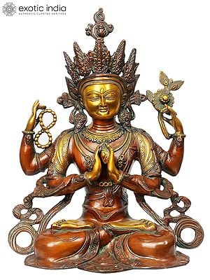 15" Tibetan Buddhist Deity- Chenrezig (Shadakshari Lokeshvara) In Brass | Handmade | Made In India