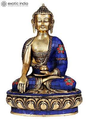 12" Lord Buddha in Bhumisparsha Mudra (With Inlay Work) In Brass