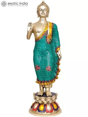 21" Standing Buddha (with Inlay Work) In Brass | Handmade | Made In India