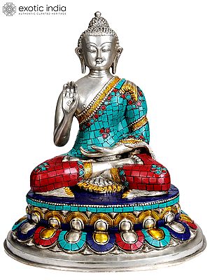 13" Lord Buddha Granting Abhaya (with Inlay Work) In Brass