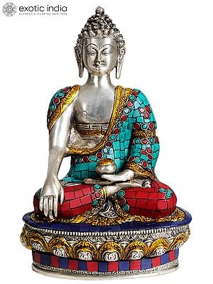 12" Lord Buddha in Bhumisparsha Mudra (with Inlay Work) In Brass